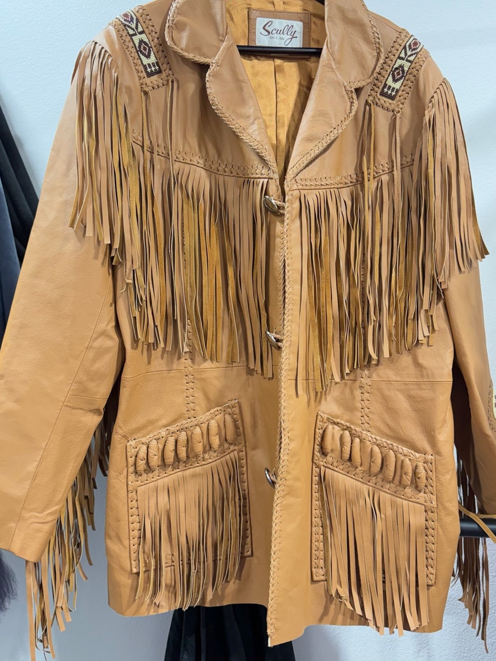 Scully Tan Leather Fringe Jacket with Beaded Shoulder Accents